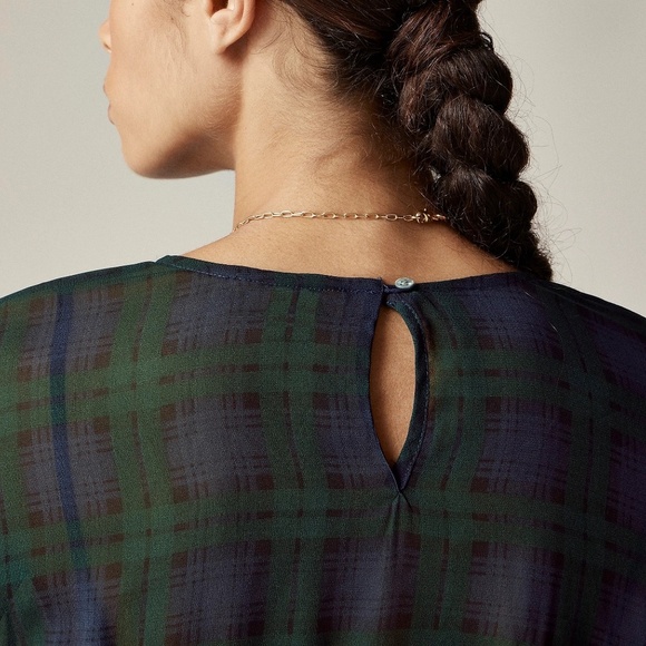 NEW!! J. CREW Chiffon Shirred-Waist Top Black Watch Tartan Plaid Copper Green 2 - Picture 8 of 14